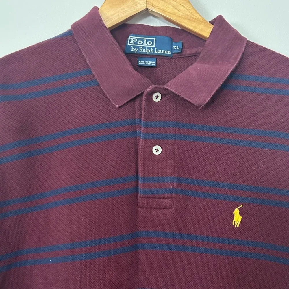 Polo Ralph Lauren Shirt Mens XL Burgundy Striped Polo Short Sleeve Vintage